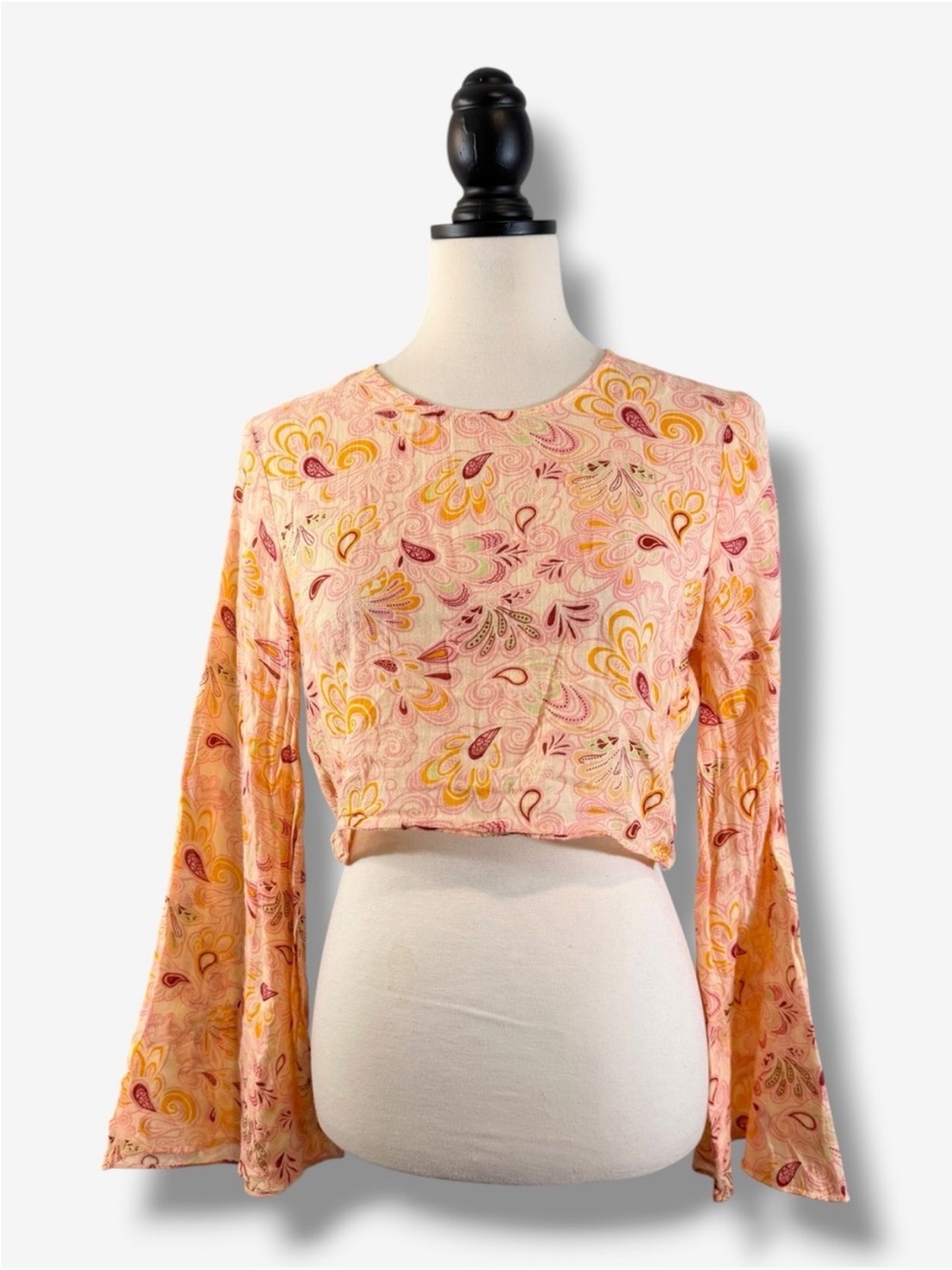 Zara Peach Paisley Bell Sleeve Top Size M Open Back Tie Waist Boho Flare Casual